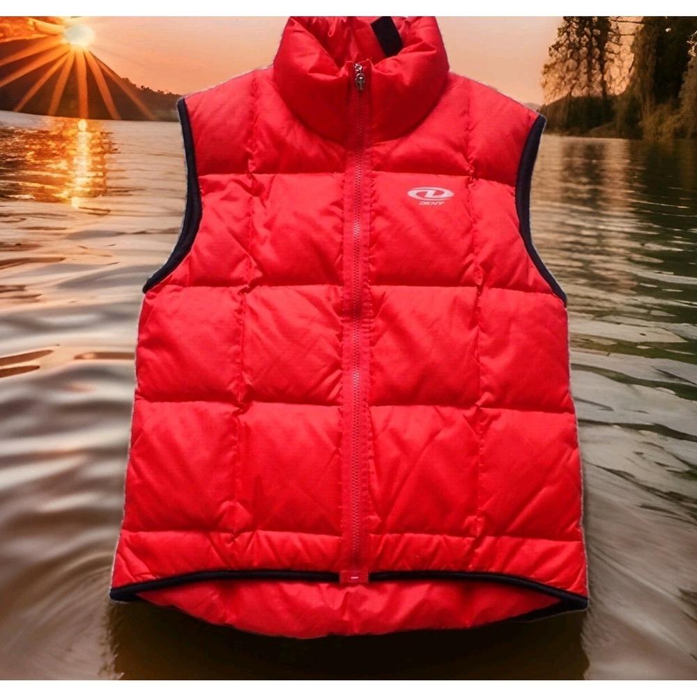 DKNY Puffer Vest Women Medium Red Excellent Active Down Fill Quilted Zip Up